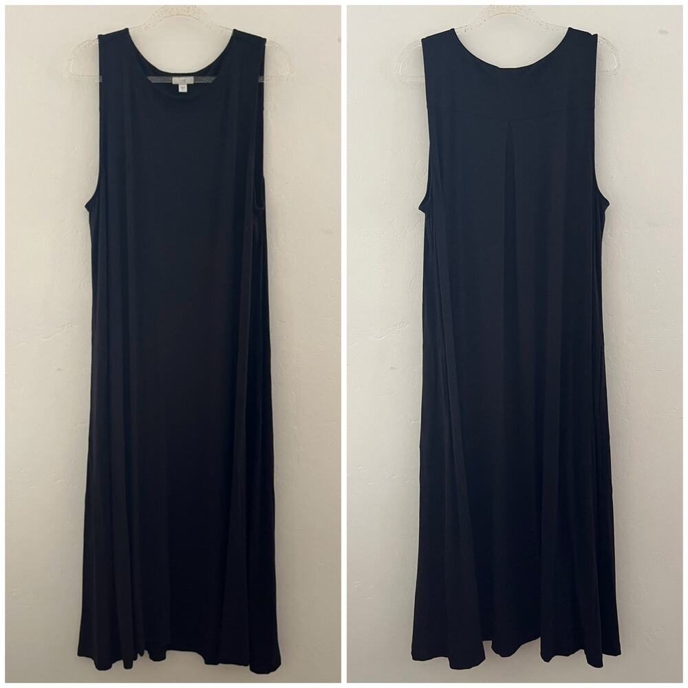 J. Jill Sleeveless Maxi Tank Dress XL Black Pleated Pockets Stretch Minimalist